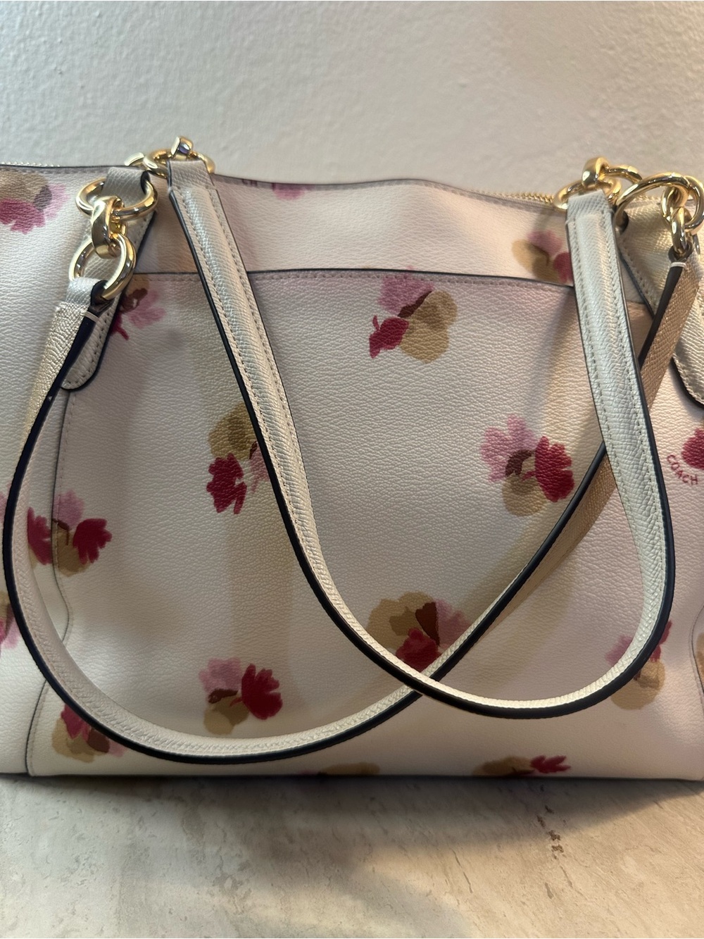 Coach White Floral Print Leather Tote with Pink and Tan Accents - Picture 5 of 12